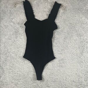 Alya Jet Black Ruffle Strap Bodysuit